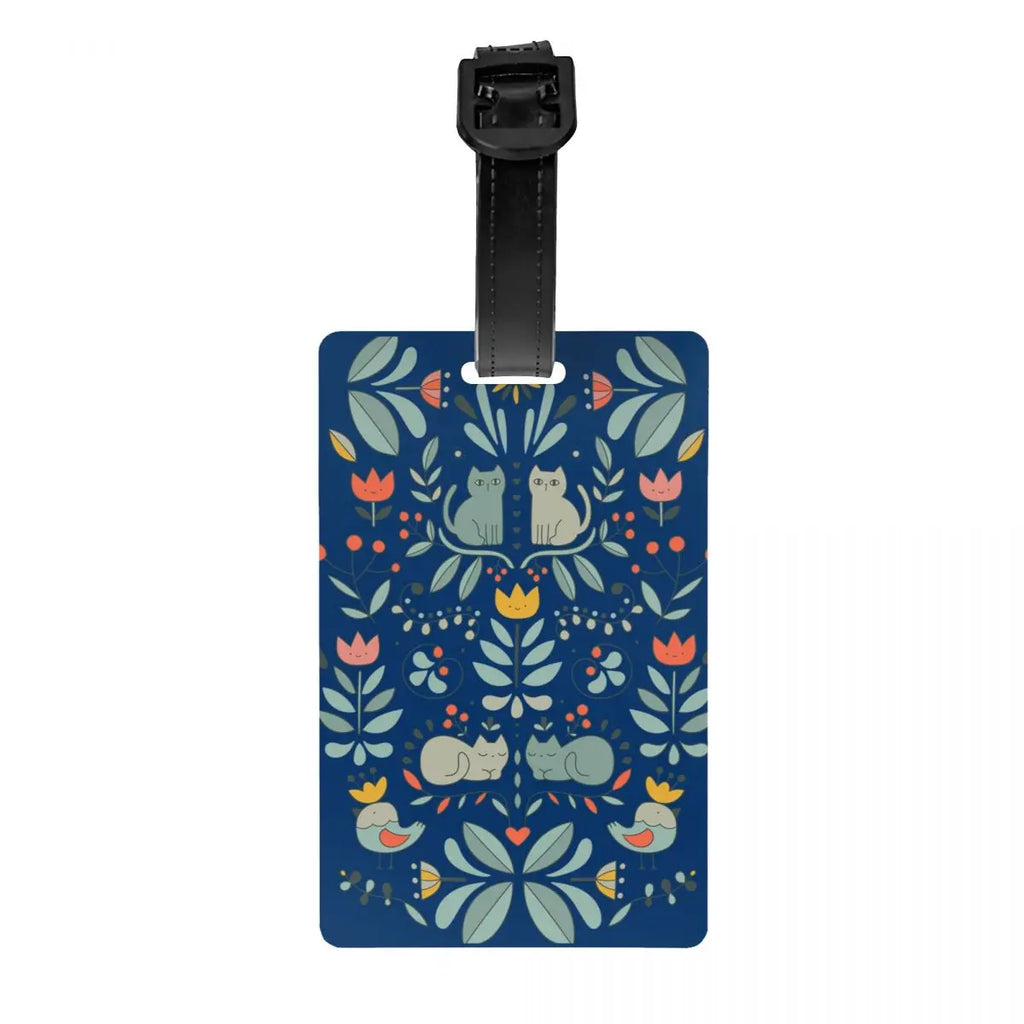 Custom Swedish Folk Cats Luggage Tag With Name Card Privacy Cover ID Label for Travel Bag Suitcase