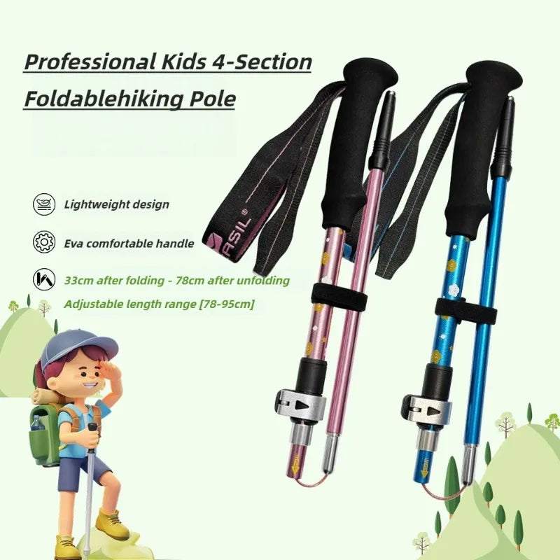 Kids Telescoping Hiking Poles - 4-Section Aluminum Alloy Folding Trekking Sticks, Lightweight Collapsible Walking Staff