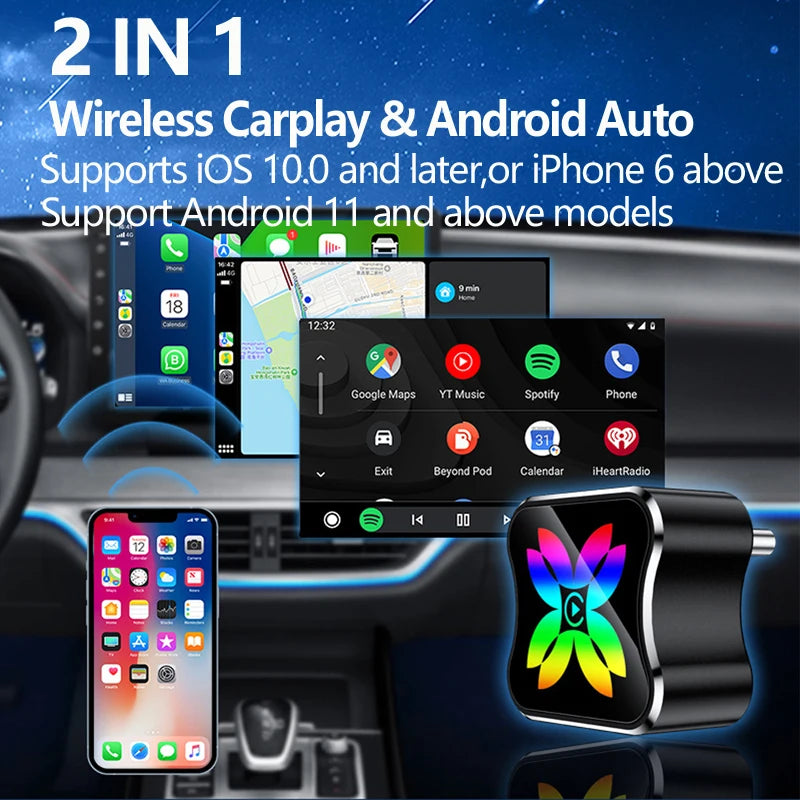 VR Robot USB C Wireless CarPlay Adapter for Apple IOS Android 2 IN 1 Plug&Play Android Auto AI Smart Box Cars from 2018