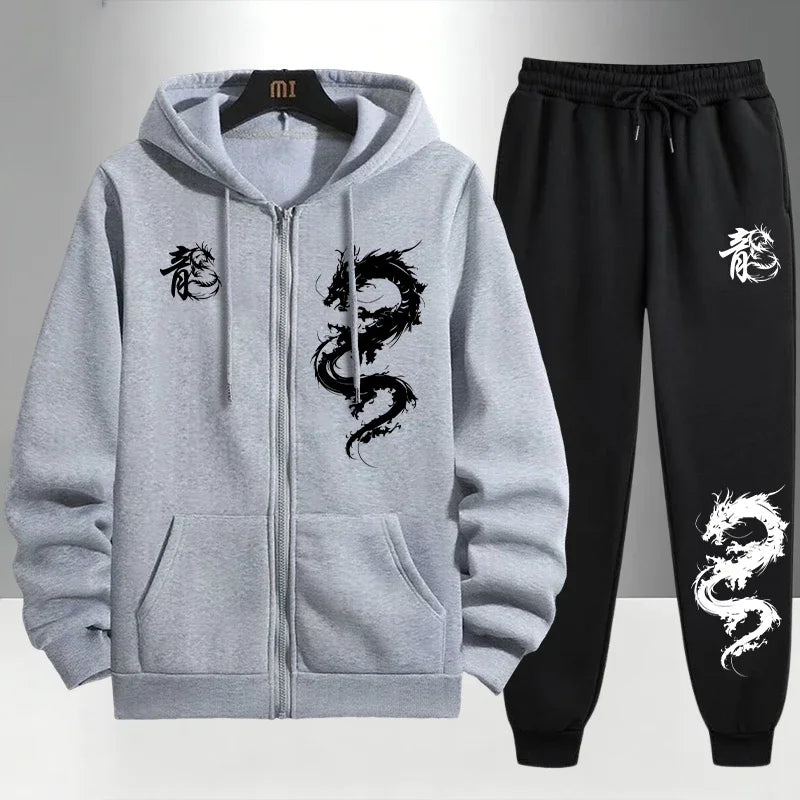 Chinese Dragon Print Tracksuit for Men Zipper Hooded Sweatshirt and Black Sweatpants Urban Causal Fashion Hoodies Outerwear Sets