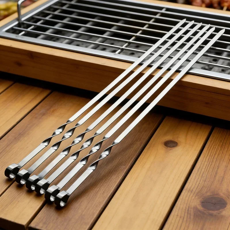 Long Handle BBQ Skewers 55cm Shish Kebab Barbecue Grill Sticks Stainless Steel Wood BBQ Fork Outdoor Daily Cooking Accessories