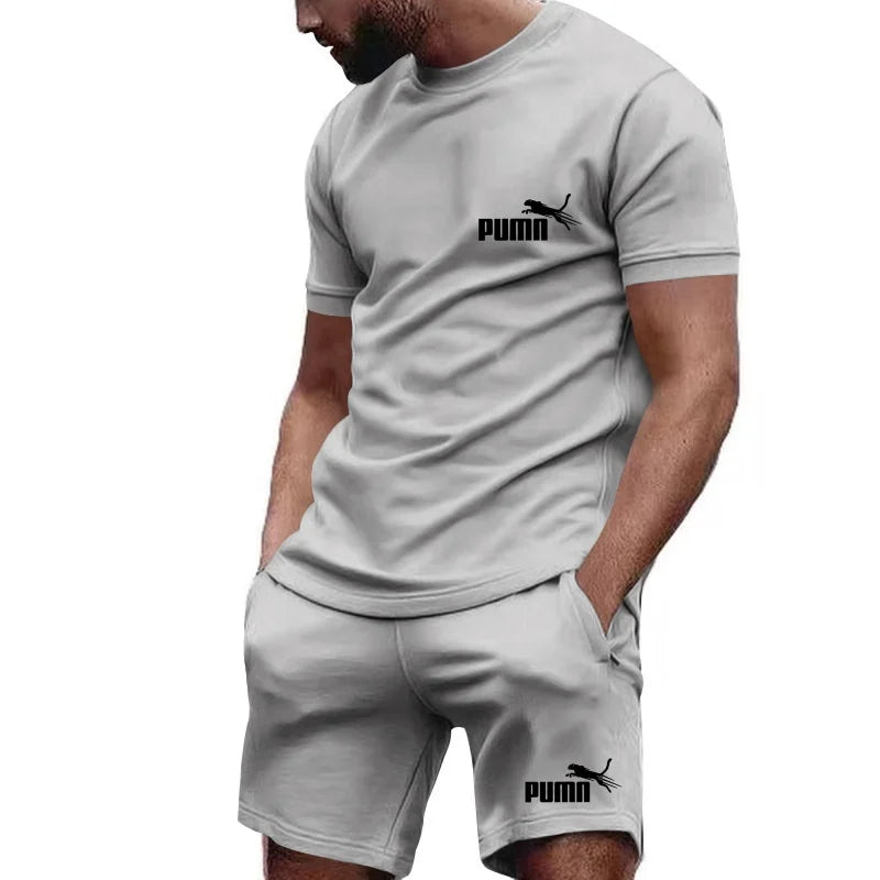 2026 new summer men's T-shirt+shorts set printed fashionable casual round neck pullover, breathable quick running sports shorts