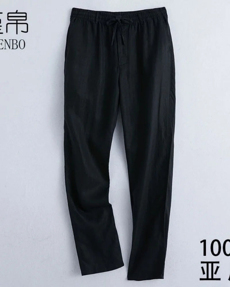 Men's Cotton Linen Solid Color Casual Pants with Elastic Waist Street Wear Jogging Loose Sports Pants