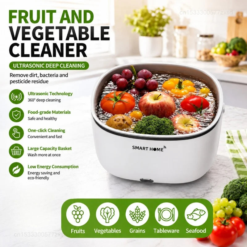 Ultrasonic Vegetable Washing Machine Food Remove Pesticide Residues Washer Fruit Dirt Cleaning Purifier Basket Kitchen Supplies