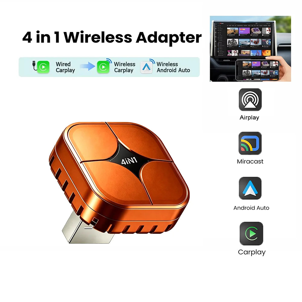 PLAYAIBOX Wireless CarPlay Android Auto Adapter 4 in 1 Dongle Plug and Play Screen Mirror Link AirPlay Miracast Car Accessories