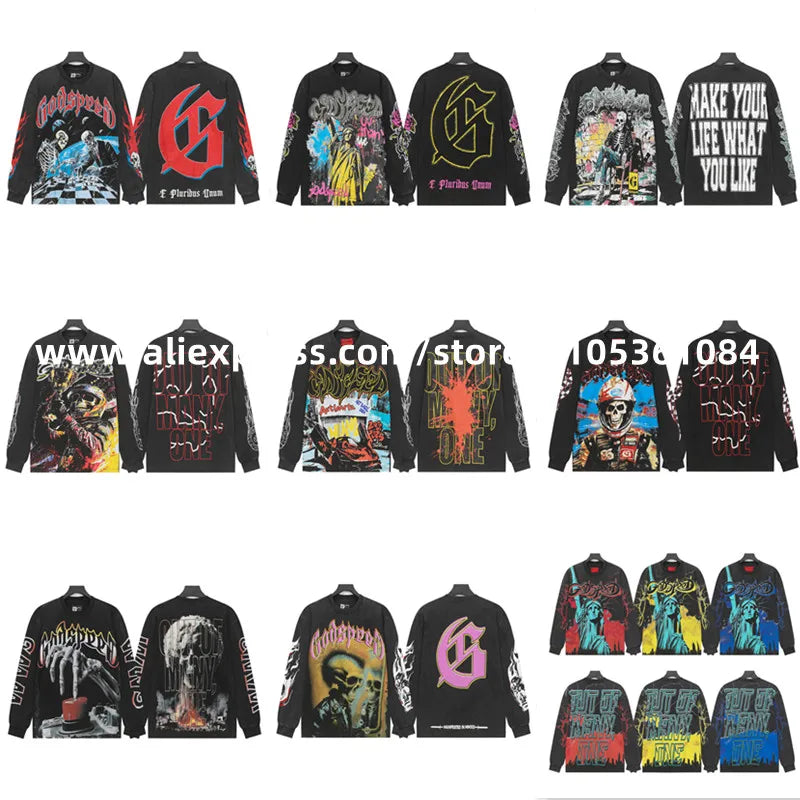 2026 Quality American Skeleton Pattern Printed Washed GODSPEED Long Sleeves T-shirt High Street Casual Cotton Round Neck Men Top
