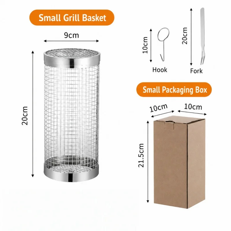 Stainless Steel Rolling Barbecue Basket Cylindrical Barbecue Basket Wire Mesh Portable Outdoor Barbecue Grill