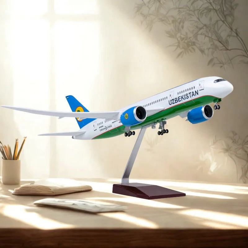 43cm Uzbekistan Airways B787 Aircraft Diecast 1/130 Scale Plane Child Toy With Lights & Wheels Miniature Airplane Aviation Gifts