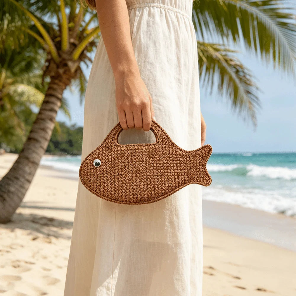 Funny Cute Large Capacity Woven Bag Knit Straw Fish Shaped Handbag Lightweight Eco-Friendly Shopping Bag Women