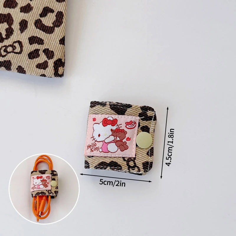 Sanrio Hello Kitty Leopard Print Denim Fabric Data Cable Storage Clip Charging Cable Wired Earphone Brush Storage Gifts for Girl