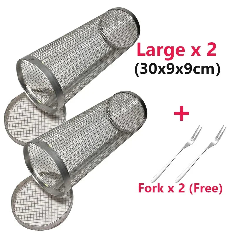 Rolling Bbq Basket- Greatest Grilling Basket Ever, Round Stainless Steel Grill Mesh, Camping Barbecue Rack For Vegetables,Fish
