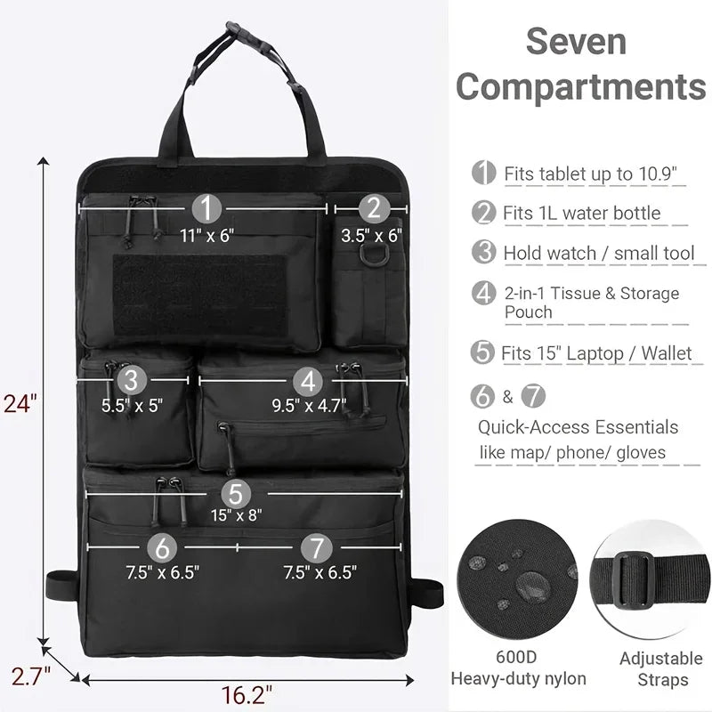 Multifunctional luggage organizer and storage bag, tactical storage bag for car rear seats, hanging rear seat bag