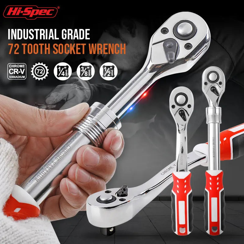 Hi-Spec 1/4 1/2 3/8 72-Tooth Carbon Steel Retractable Ratchet Wrench Automatic Quick Release Spanner Multifunctional Hand Tool