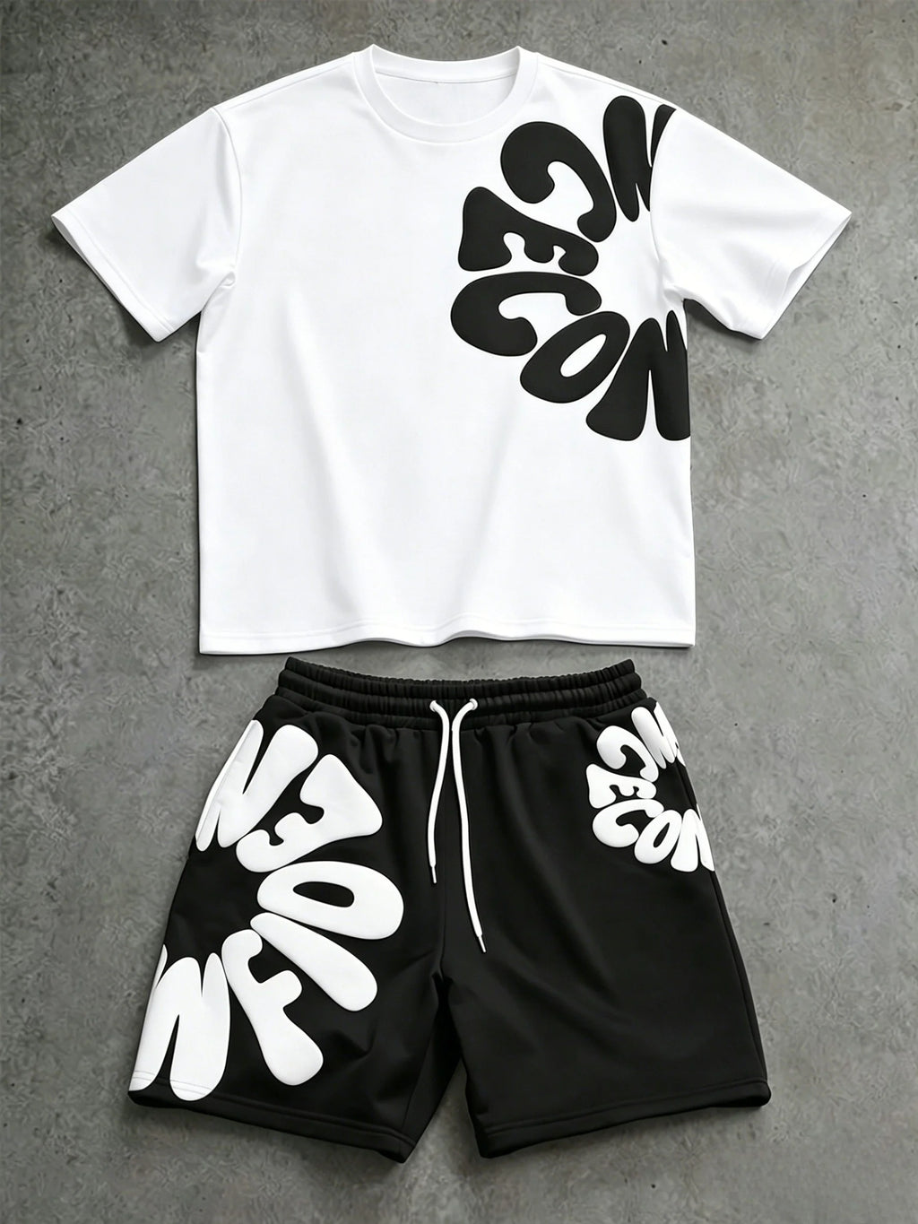2026 Retro Y2K Bubble Letter Print Adult Men 2 Piece Tee Shorts Running Sports Casual Tracksuit Set