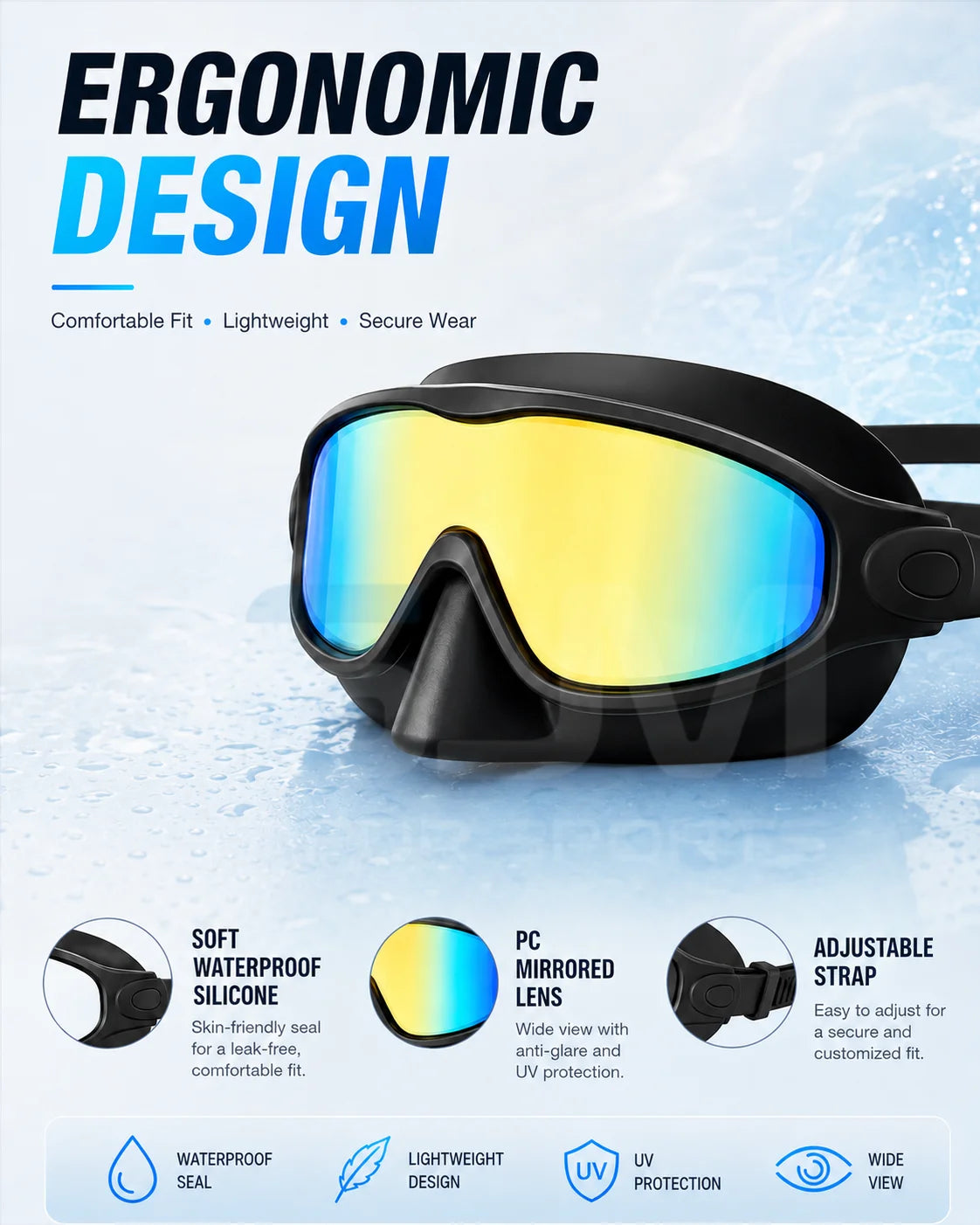 JSJM Upgraded Adult Swimming Goggles HD Anti-Fog Waterproof Swim Glasses Wide View UV Protection Adjustable Strap for Men Women