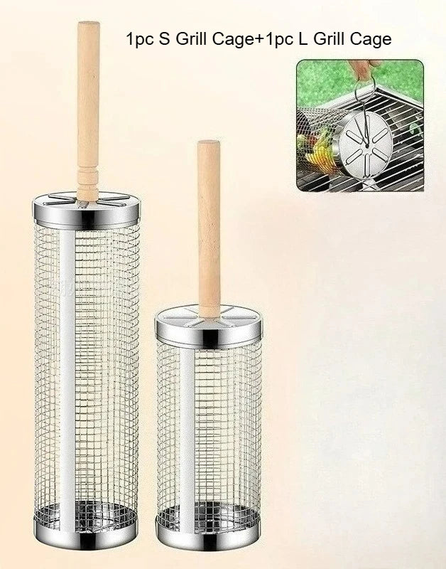 Rolling Grill Basket, Removable Wooden Handle, 304 Stainless Steel, Nesting Grilling Tools, Smoker BBQ Accessories for Vegetable