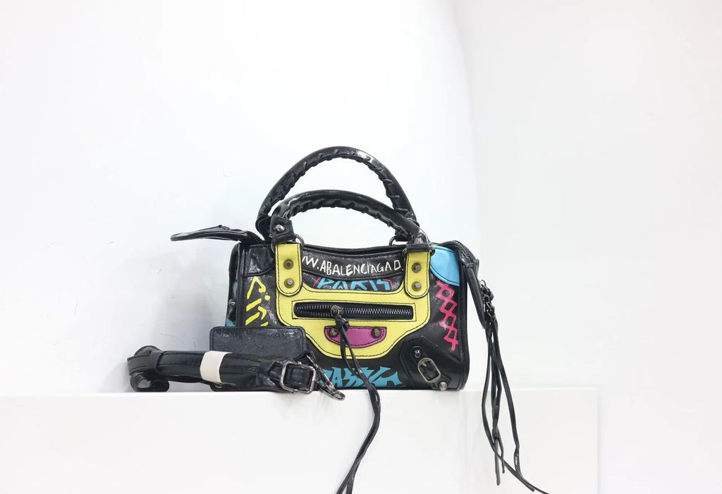 Women Casual Single Shoulder Moto Bag Niche Graffiti Microfiber PU Retro Large Fashion Hand Purse