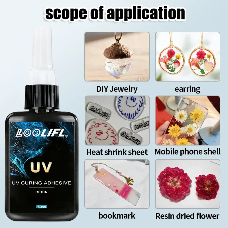 LOOLIFL50ml UV Curing Glue Transparent Resin Strong Adhesive Fast Cure Traceless Glue For Glass Metal Plastic Jewelry DIY Crafts