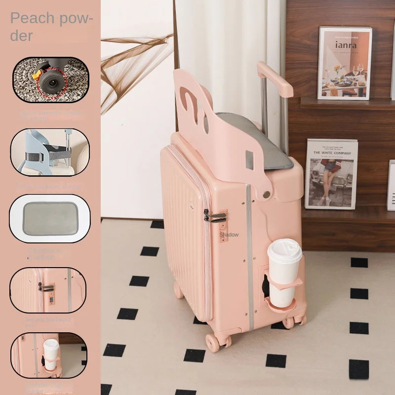 Front Opening Suitcase for Children can Sit 20/22 inch Ride on Luggage Sturdy Thickened PC Travel Suitcase with Cup Holder