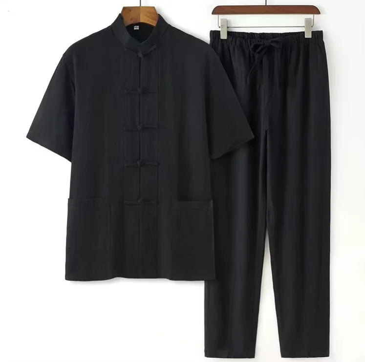 2026 New Men's Cotton Linen Tangzhuang Set Traditional Chinese Long Sleeve Suit Retro Ethnic Loose Tai Chi Clothing
