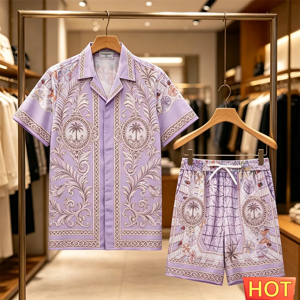 Men's Summer Tees Sets Fashion Coconut Tree 3D Print Short Sleeve Tops +Shorts 2 Piece Outfit Hawaiian Beach Vacation Shirt Suit
