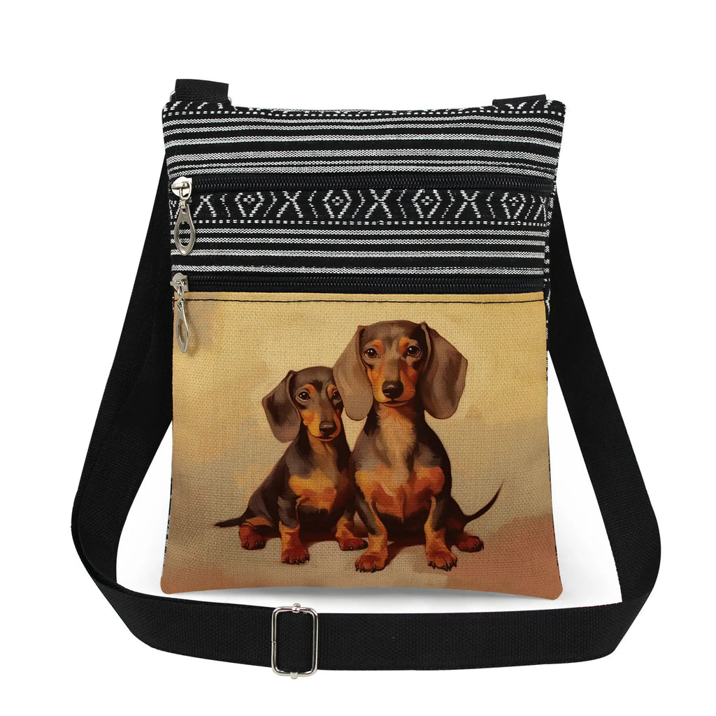 Cute Dachshund Print Crossbody Bag Female Floral Animal Shoulder Bags Fashion Outdoor Portable Double Zipper Lady Messenger Bag