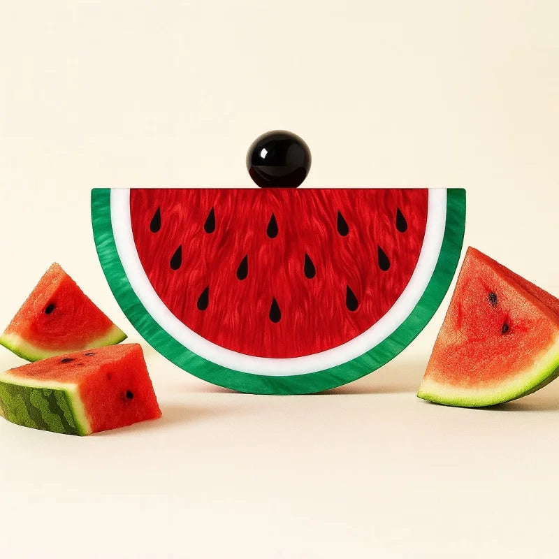 Women Acrylic Fruit Pattern Evening Clutch Bag Stylish Fan-shaped Chain Shoulder Crossbody Bag Watermelon Red Party Clutch Purse