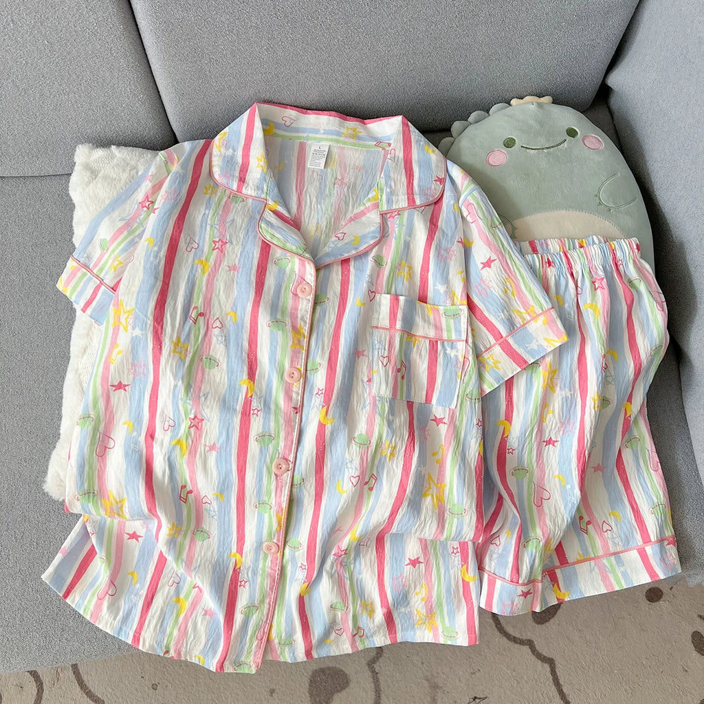 Women's Summer Pajamas, Thin Striped Pattern Short-Sleeved Shorts, Sweet and Cute, Can Be Worn Outside in Summer, Two-Piece Home Wear Set