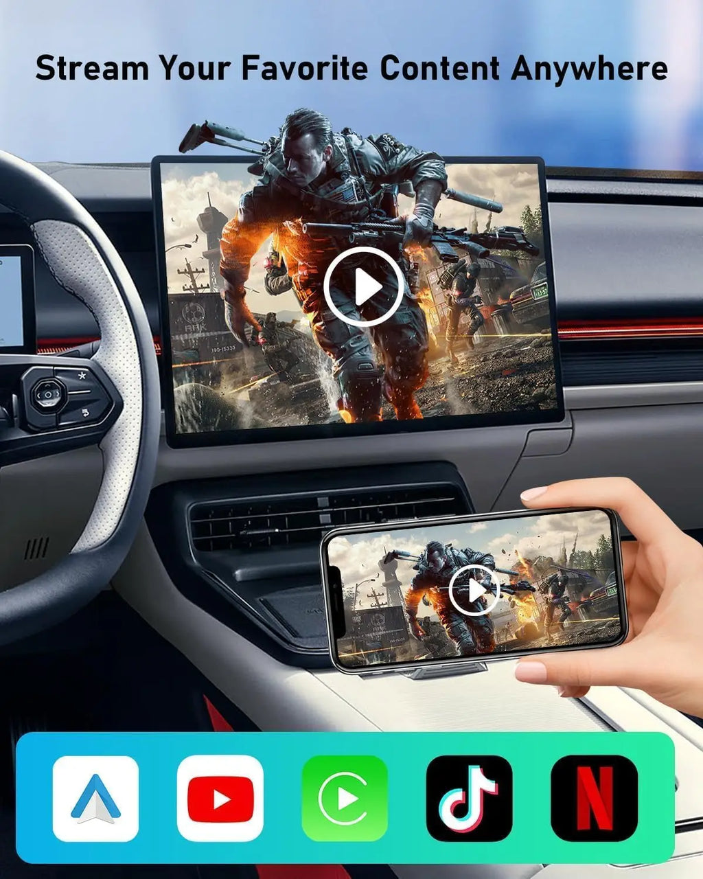 Stream Netflix & YouTube with 3s Auto-Connect – Wireless CarPlay/Android Auto Adapter, Zero-Latency 5.8GHz Wi-Fi, USB-A/C, Plug & Play