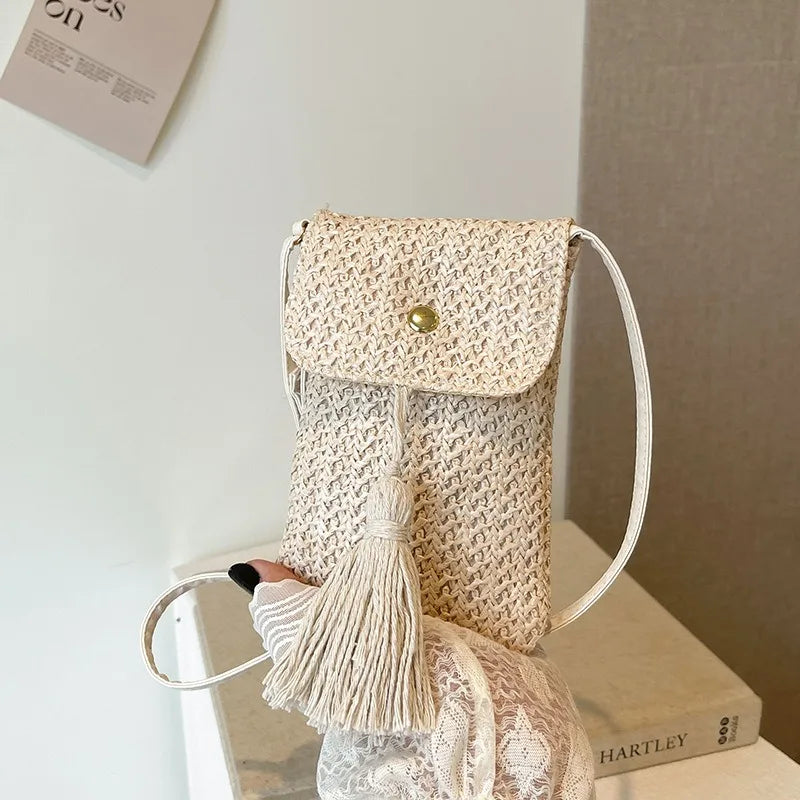 Summer New Straw Woven Phone Bag, Versatile Tassel Single-shoulder Small Bag, Crossbody Bag, Fashionable