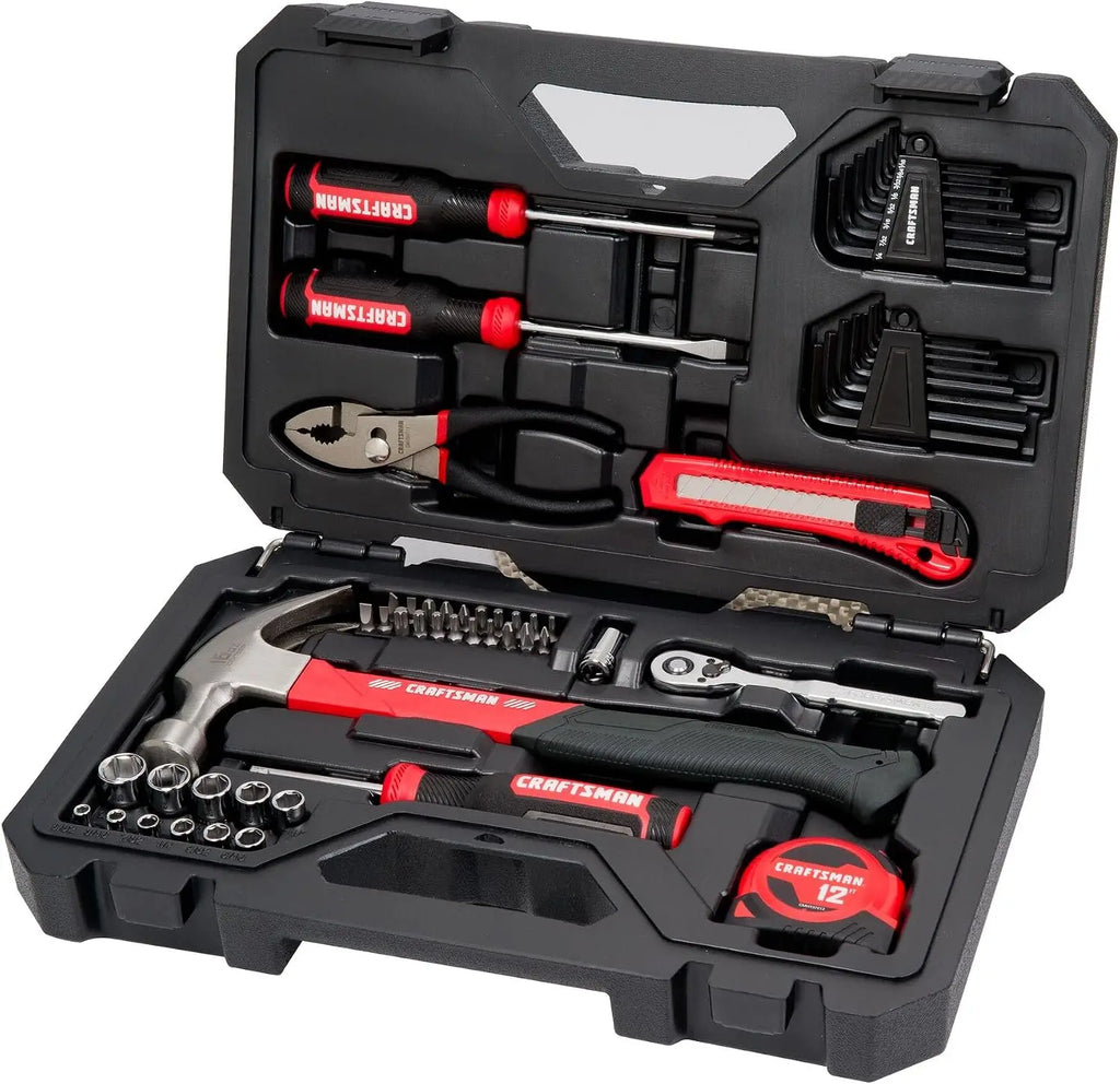 57 Piece Mechanics Tool Set with Low Profile Ratchet, Sockets, Screwdrivers, Hammer, Pliers, Hex Keys, Hand Tools in Blow Mold Case