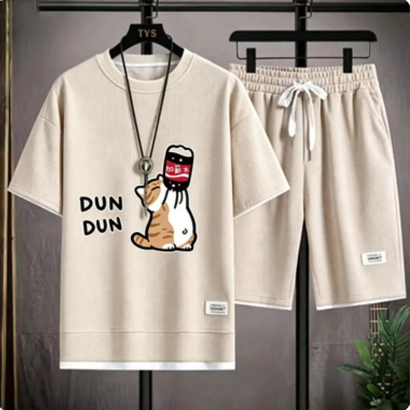 Cute cartoon cat funny print pattern loose short-sleeved set for men - casual waffle-style sports outfit