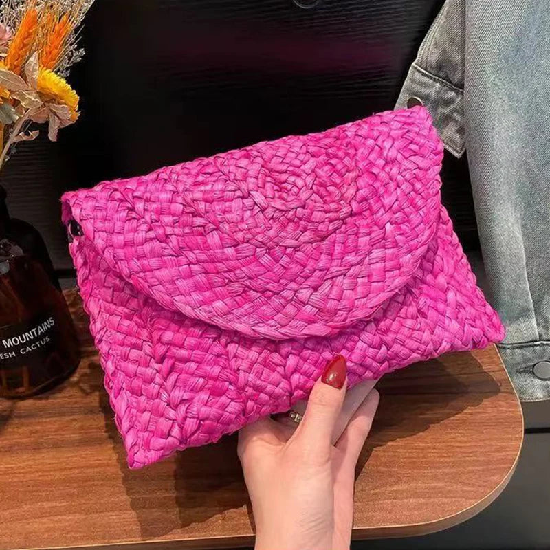 Women Fashion Flap Envelope Bags Summer Beach Bag Handmade Wallet Straw Knitted Handbag Lady Coin Phone Long Purse Clutches