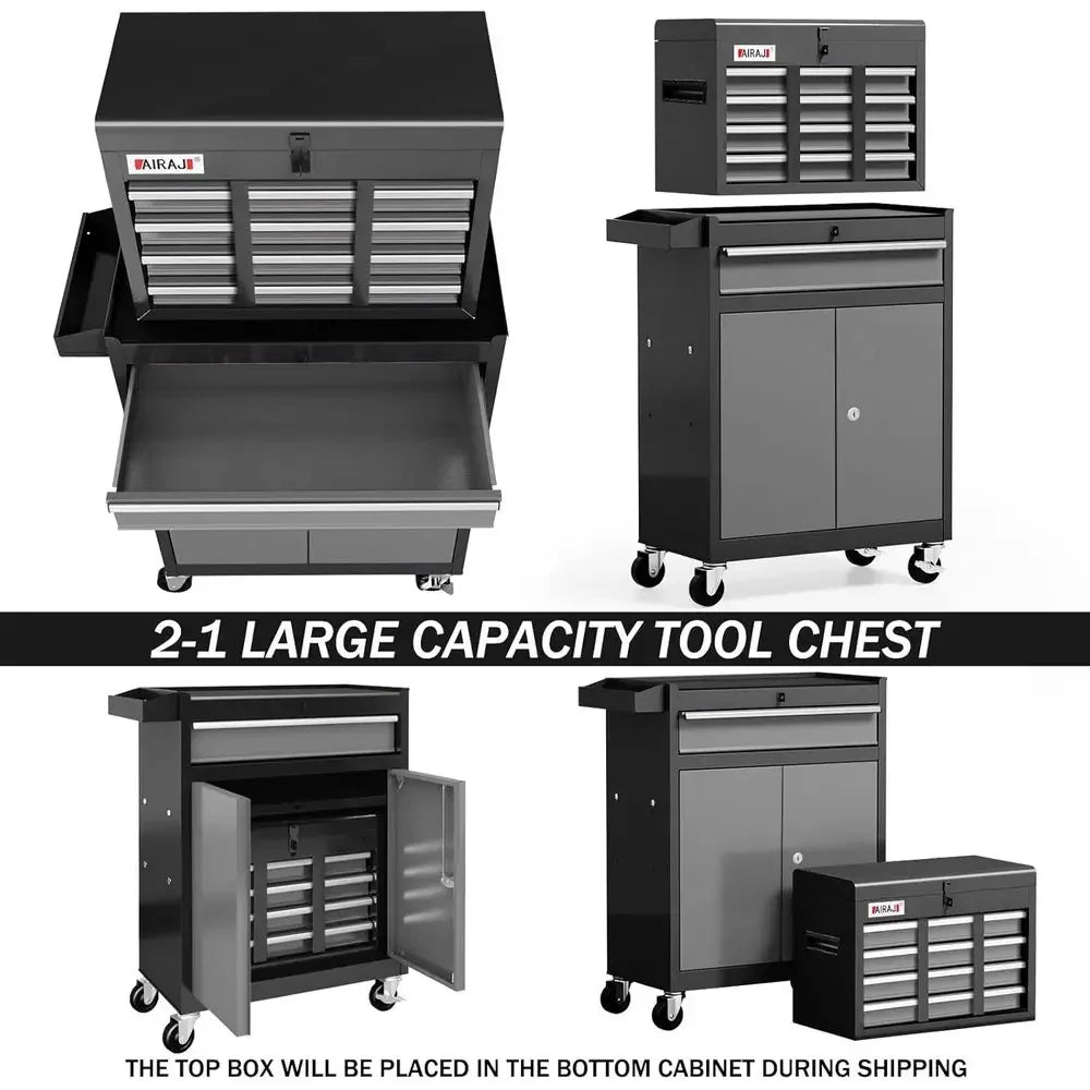 40-Inch Rolling Tool Chest with Detachable Top, Portable Cabinet for Workshop and Garage Storage, Black