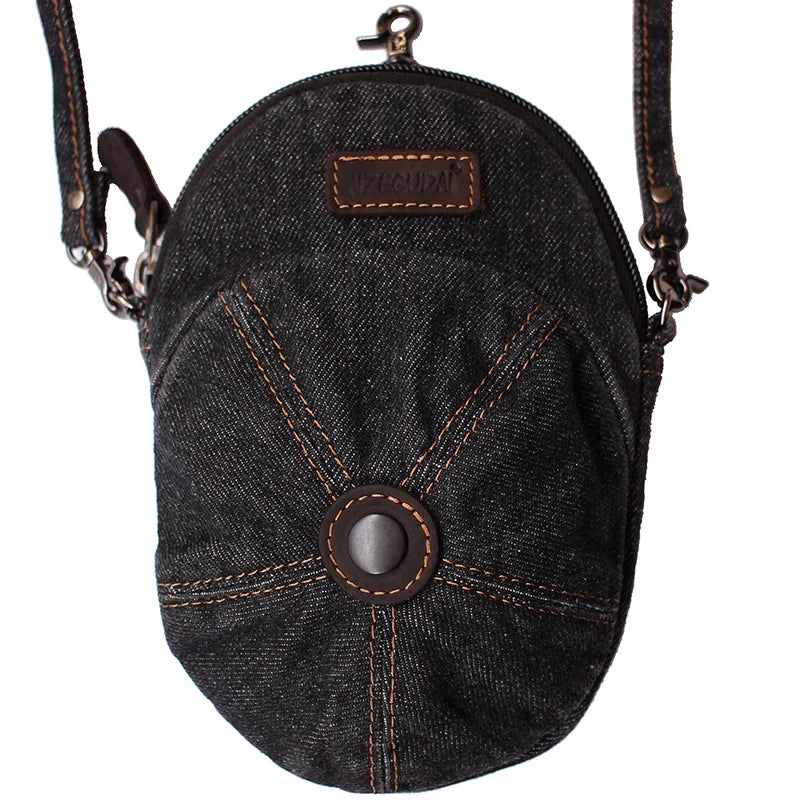 Retro Denim Mobile Phone Bag Unisex  Crossbody Casual Versatile Trendy Korean Style Zipper Closure Pure Color round Shape