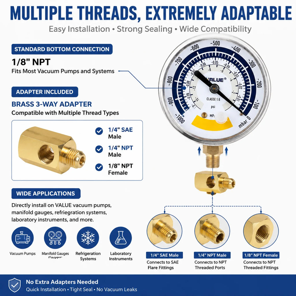 Accurate Vacuum Negative Pressure Gauge 0-14psi 60mm Dial Display G1/8 NPT1/8 Connector for Vacuum Pump AC Fridge Repair