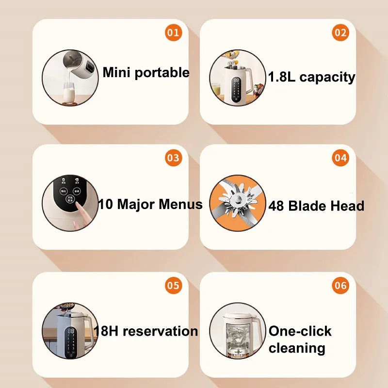 1.8L Soymilk Maker Electric Juicer 18h Appointment Rice Paste Machine Rapid Heating Food Wall Breaker Automatic Keep Warm 800W