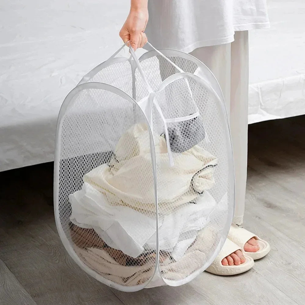 Pop Up Mesh Laundry Basket Foldable Dirty Clothes Hamper Breathable Washing Bin with Side Pocket for Bathroom College Dorm Room