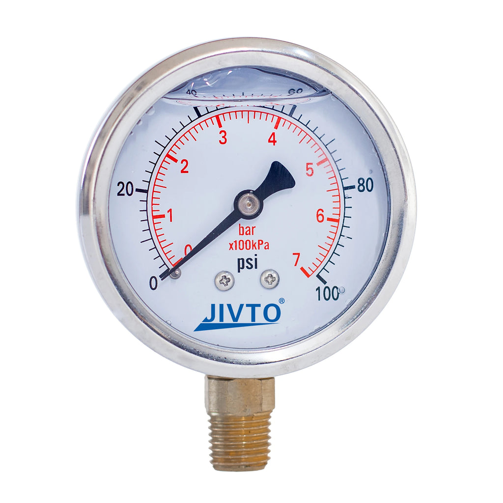 JIVTO Glycerine Filled Pressure Gauge 2.5 Inch 1/4 BSP Lower Mount 15,30,60, 100,160,200,300,400,600,3000 Psi & Bar, Shockproof