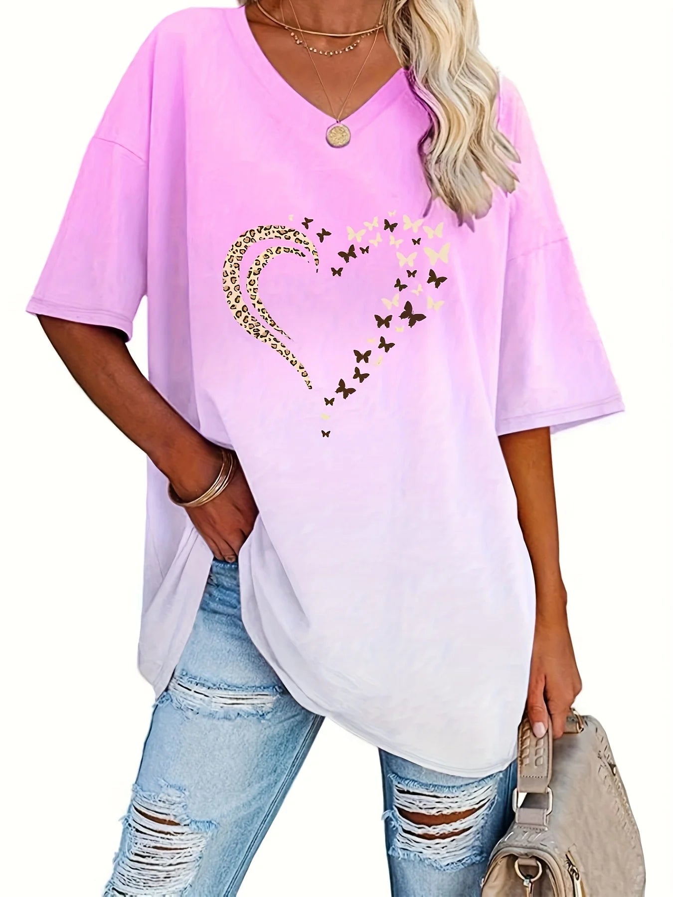 2025plus Size Gradient Color Printed Heart Comfortable Women's Top Soft Casual Style Female Shirt in Vibrant Pink And Red