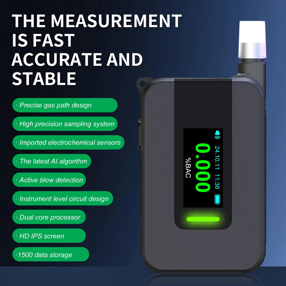 Electrochemical Alcohol Tester IPS Display Blowing Drunk Driving Alcohol Tester Portable Alcohol Meter for Outdoors Expressway