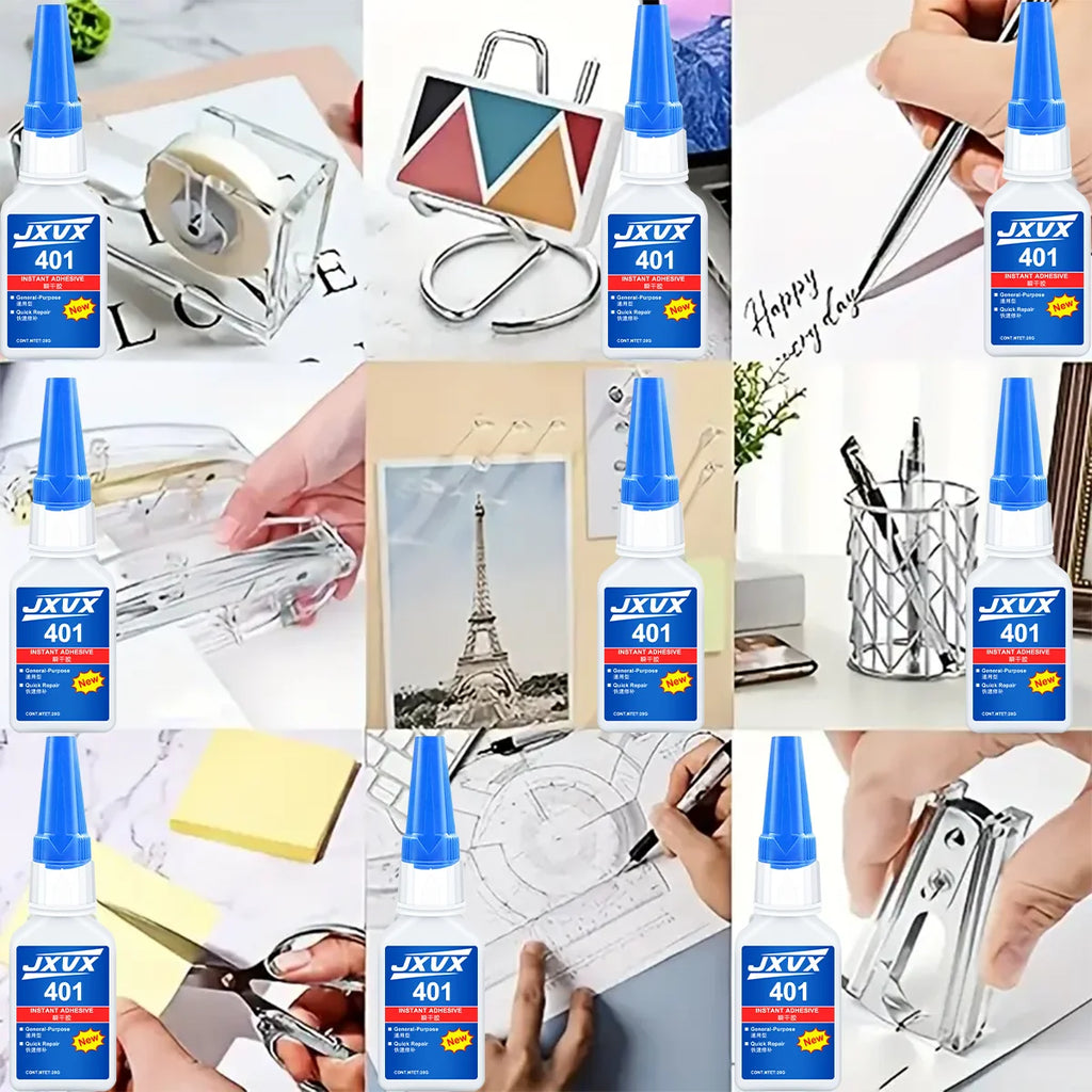 New and updated 401 super acrylate adhesive, instant drying in 5 seconds, waterproof, good stability, full bonding tool. Suitable for wood, plastic, ceramics, metal, rubber and so on.