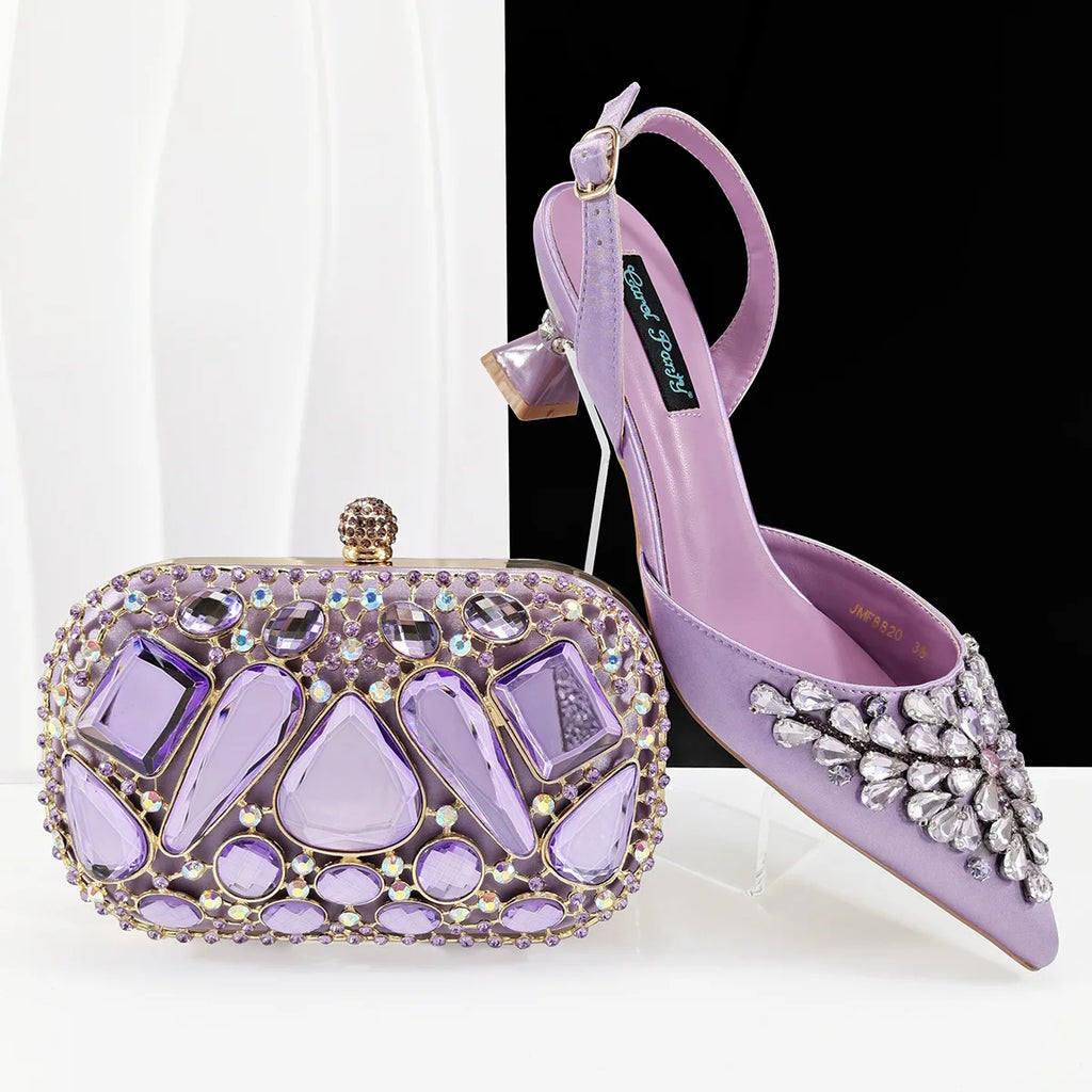 2025 Big Cryatal Italian Design African Women Shoes Matching Bag Pointed Toe Comfortable Heels for Party in Champagne Color