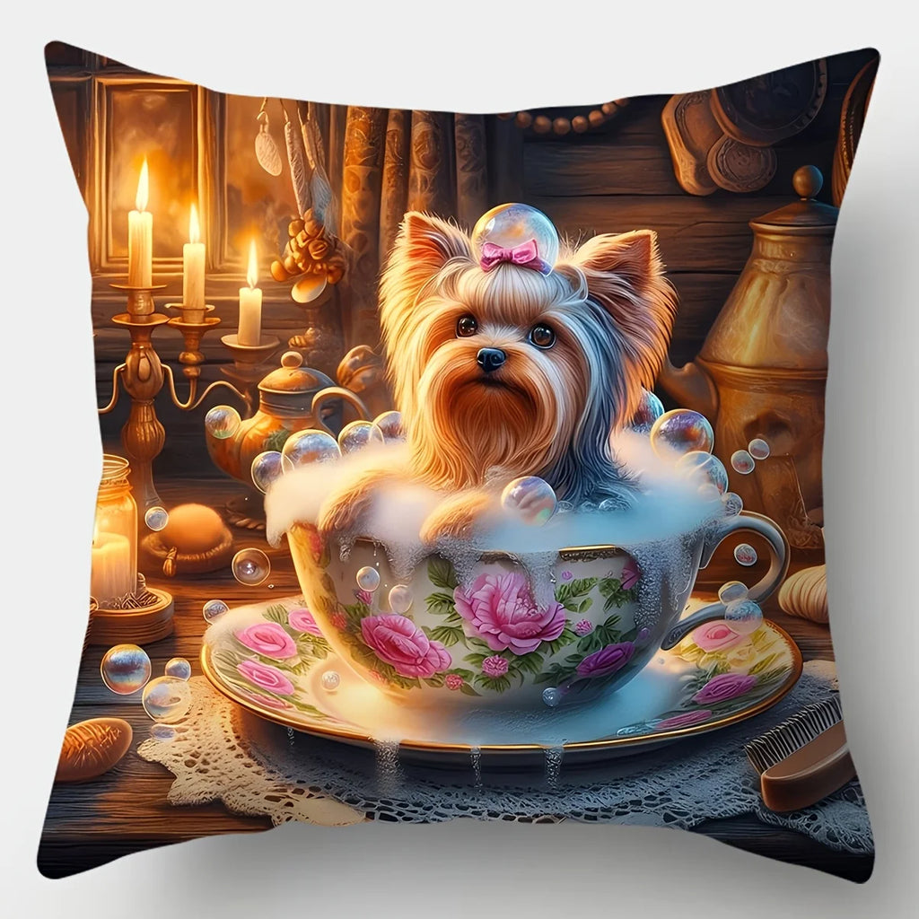 4pcs Cute Pet Animal Print Pillow Covers Adorable Yorkshire Terrier Dreamy Pattern Decorative Cushion Cases for Living Room Sofa