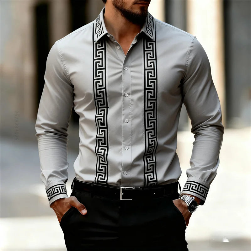 Men's Retro Geometric Print Shirt, Stylish Long-Sleeve Black Shirt, Business Casual Men's Top