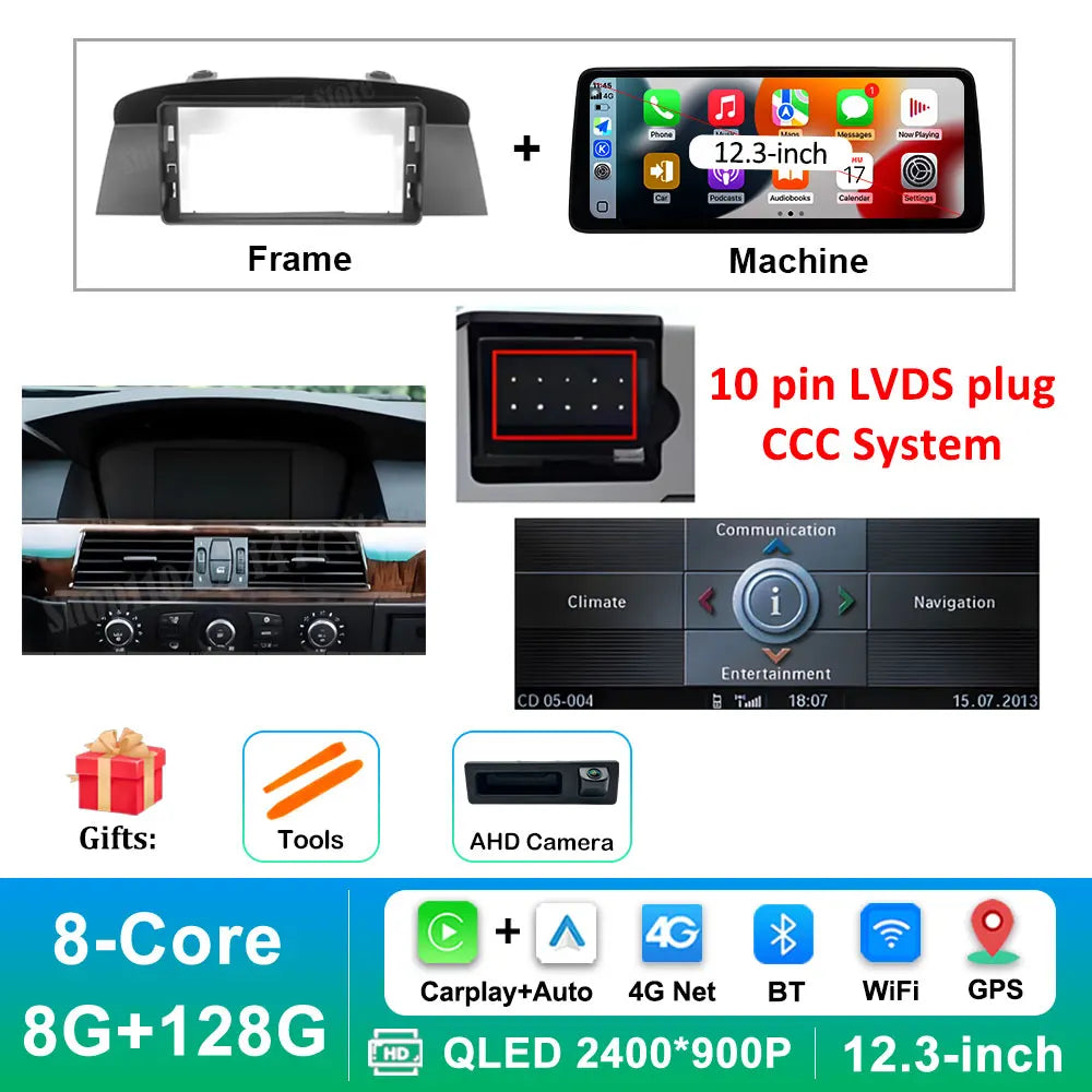 12.3 '' Ultra-thin Screen Android 16 BT for BMW 5 Series E60 E61 E62 2004 - 2012 CIC CCC System GPS Car Video Multimedia Player