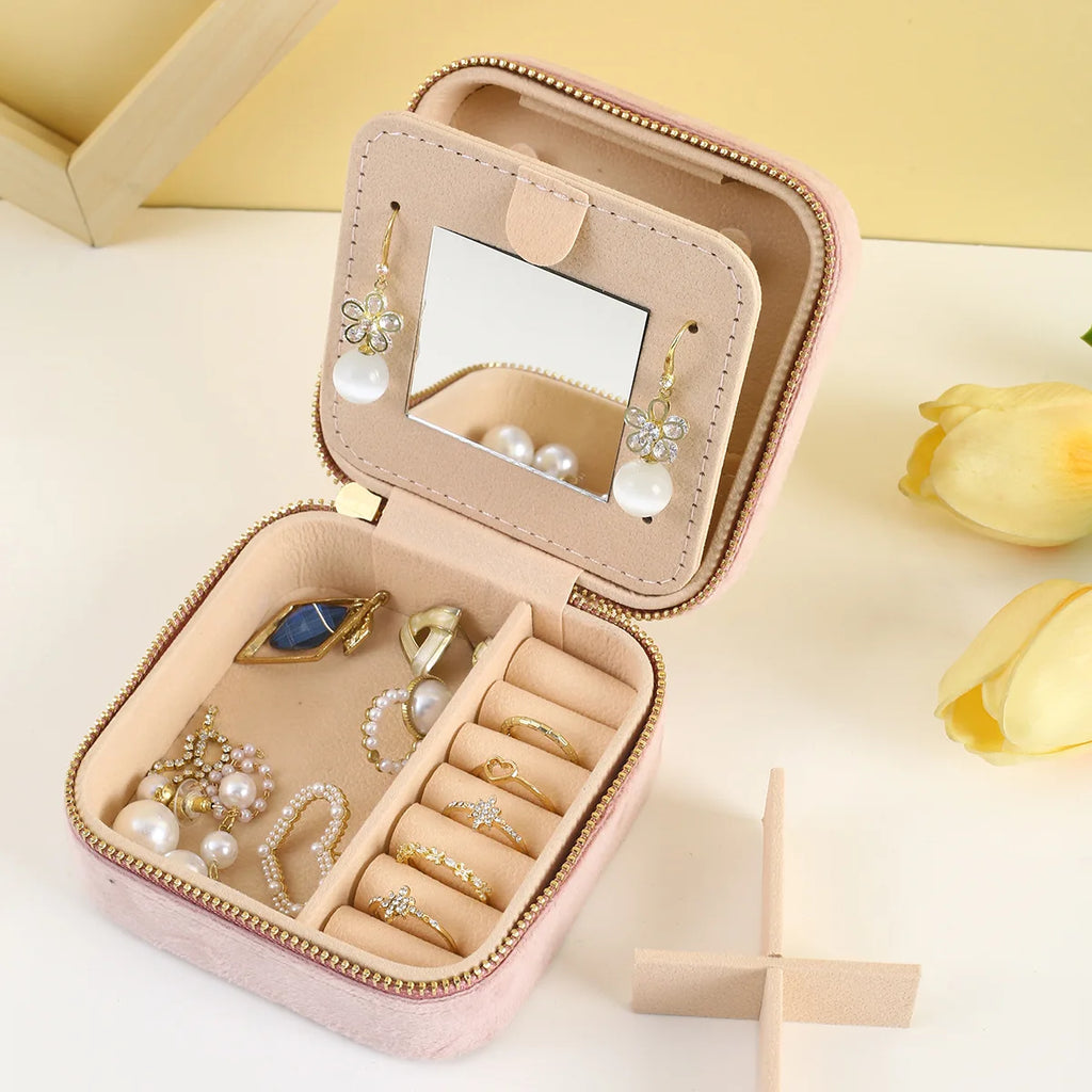 Portable Mini Velvet Travel Jewelry Box,Compact Zippered Organizer with Mirror for Rings Earrings On-the-go,Velvet Jewelry Case