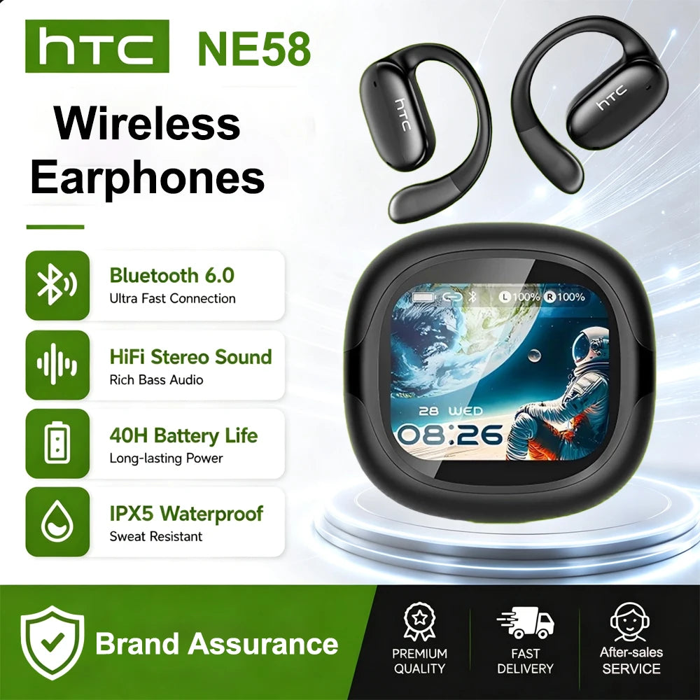 HTC NE58 Wireless Earphones Bluetooth LED Touch Screen AI Translate Earbuds HiFi Sound HD Call With Mic Bone Conduction