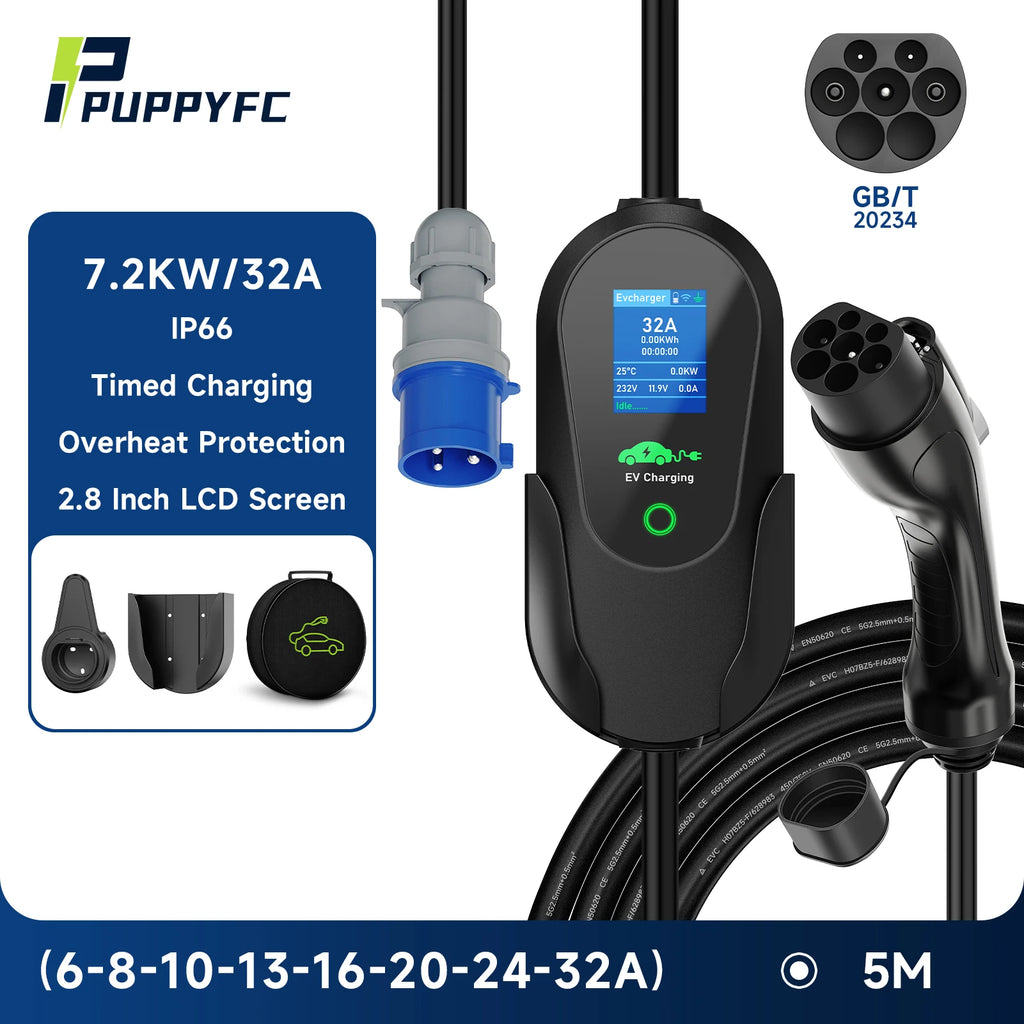 Puppyfc 7.2KW Portable EV Charger 32A Type1/Type 2Fast Home Electric Car Charging Station WiFi Control IP66 Waterproof Overload