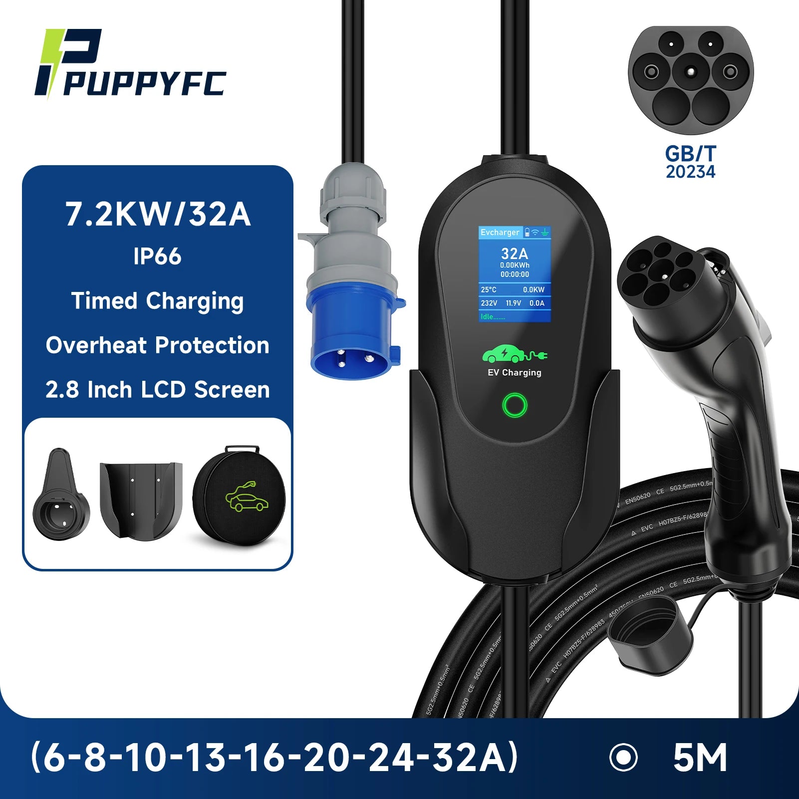 Puppyfc 7.2KW Portable EV Charger 32A Type1/Type 2Fast Home Electric Car Charging Station WiFi Control IP66 Waterproof Overload
